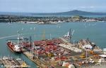 ID 1883 PORT OF AUCKLAND, NEW ZEALAND - The Axis Bledisloe Container Terminal looking north toward Rangitoto Island and the Hauraki Gulf. The Royal New Zealand Navy base at the North Shore suburb of Devonport...